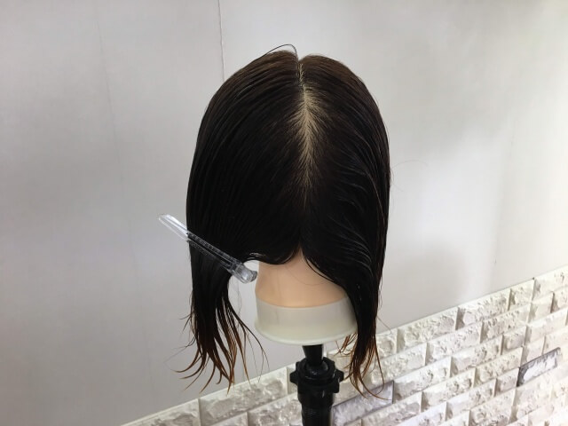 濡らして半分に分けた髪の毛の写真