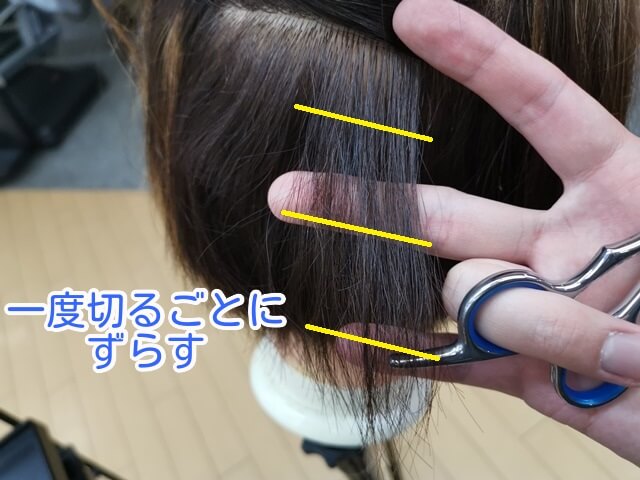 ずらしてスキばさみで切る写真