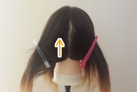 髪の毛を染めるために4つのブロックに分け、下から塗る写真