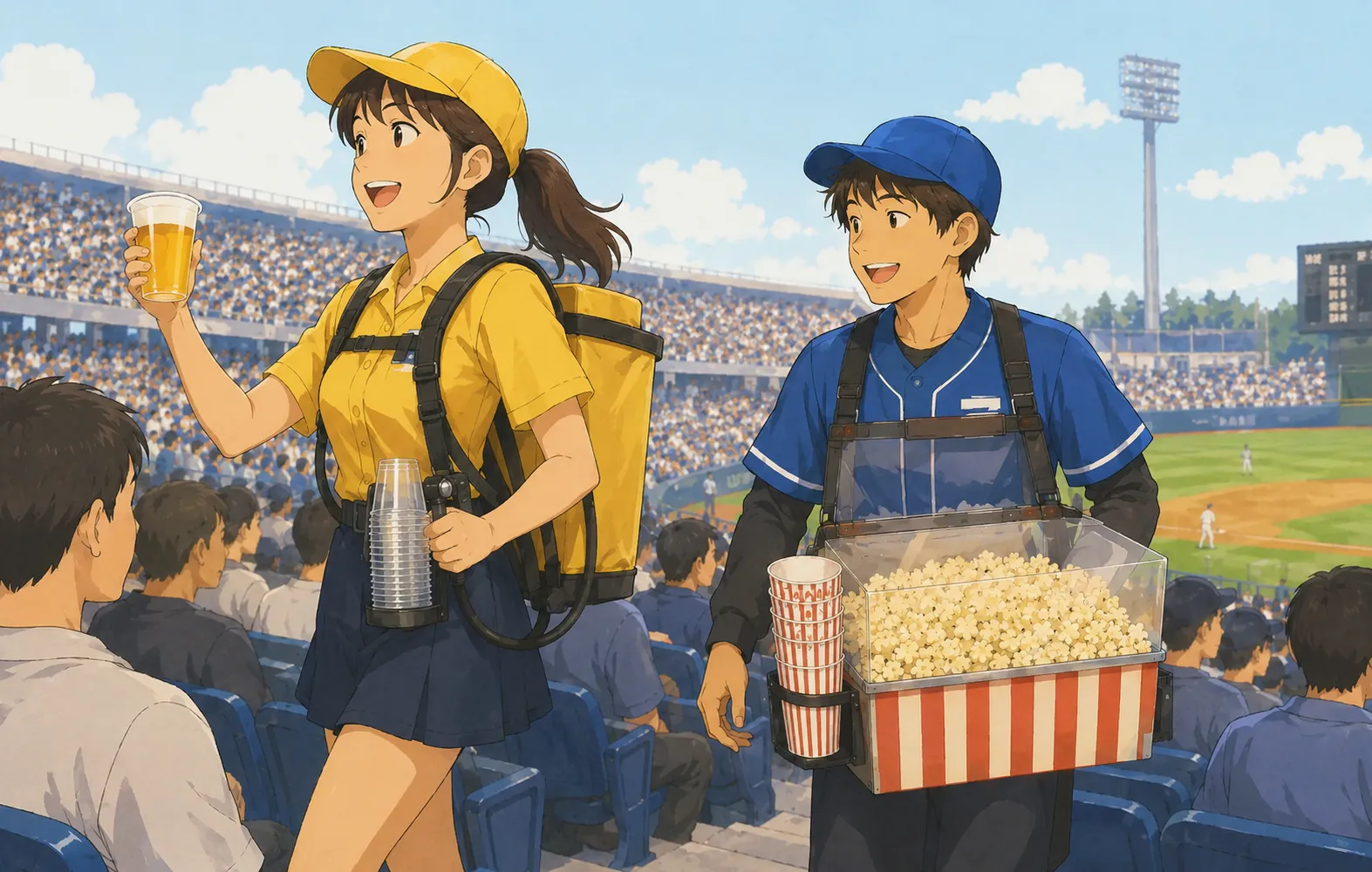 甲子園でポップコーンを売る男性とビールの売り子さん