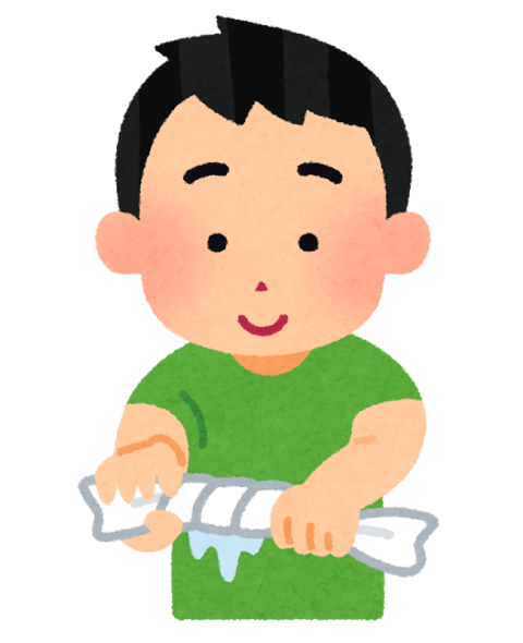 雑巾をしぼる男の人