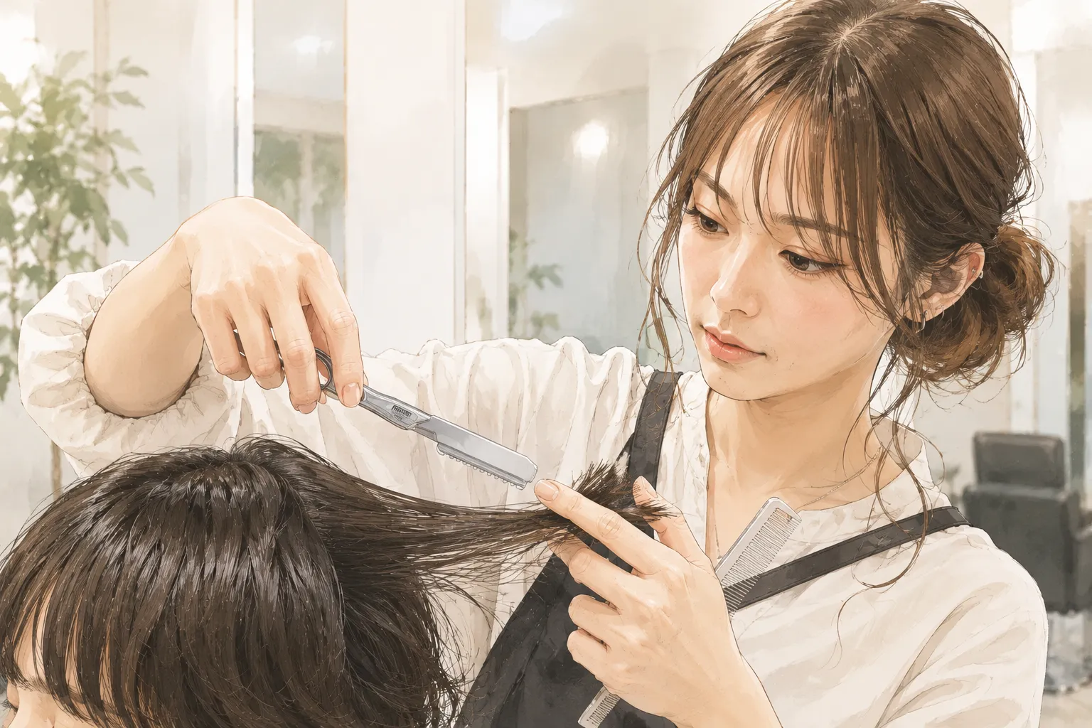 レザーカットする美容師
