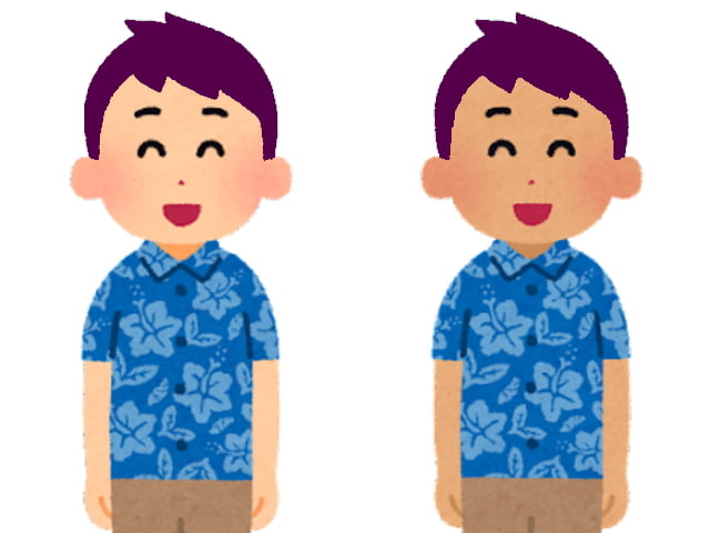 色白と色黒の男性にピンク髪のイラスト
