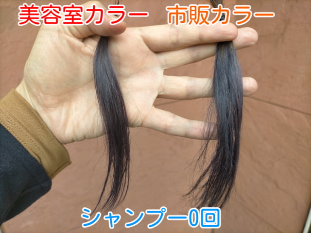 市販カラーと美容室カラー染めたて屋外