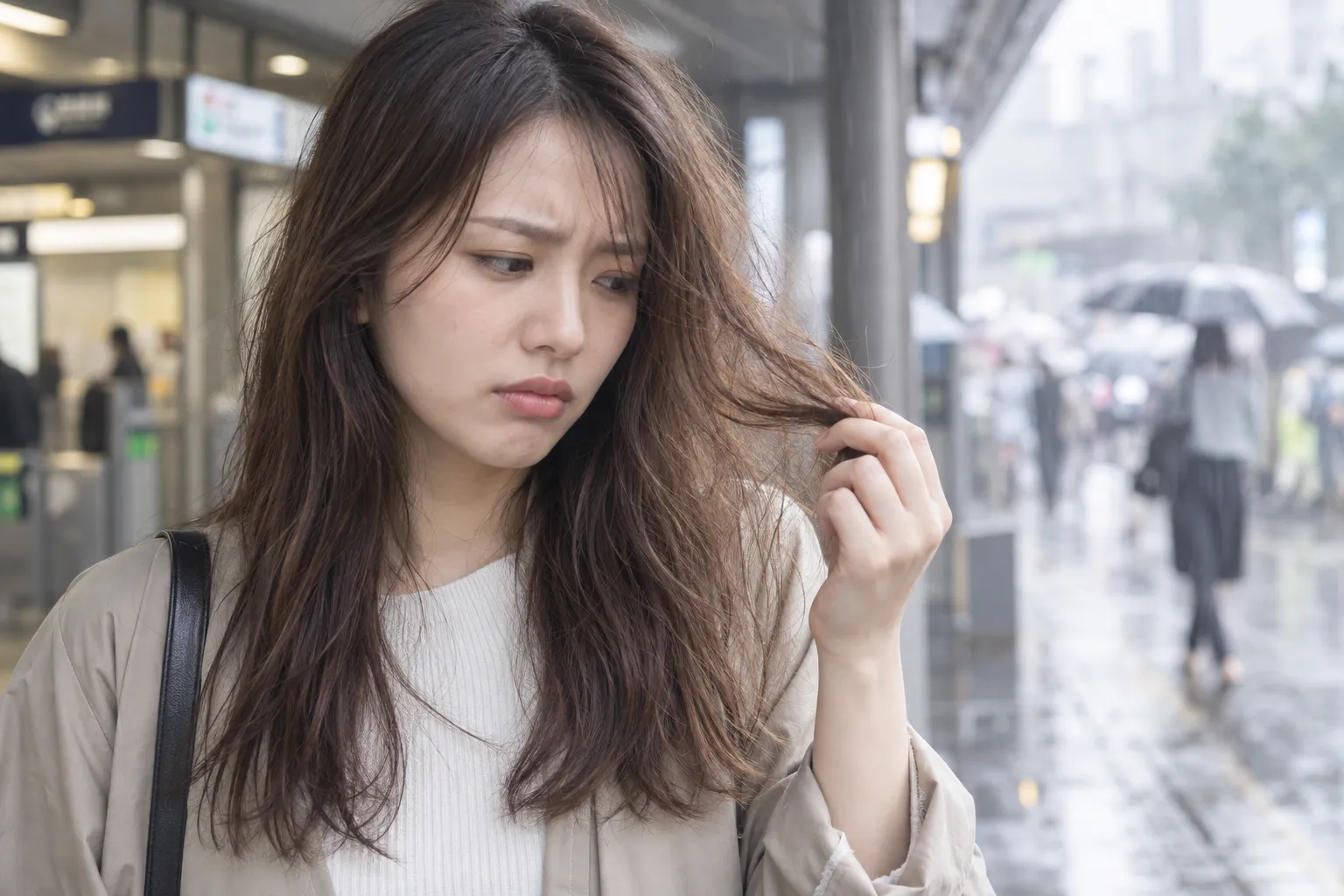 湿気で髪の毛がうねっている人