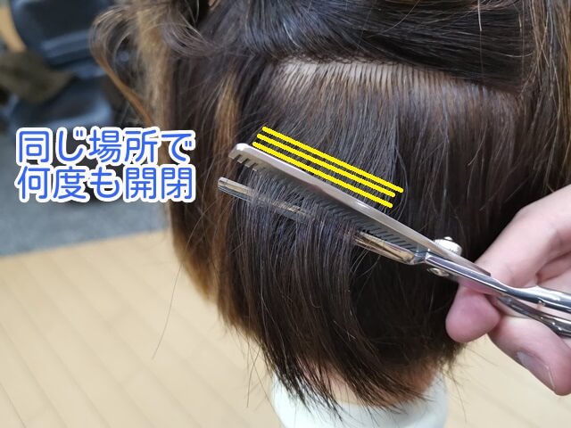 同じ場所をスキばさみで繰り返し切っている写真