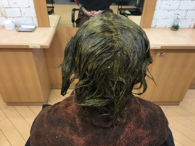 ヘナを塗り終った髪の毛の写真